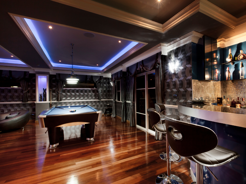 man cave billiard room with lighting in bar and recessed lighting